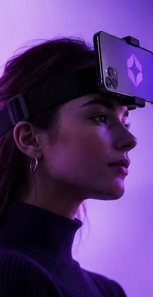 Contributor in profile with a phone attached to her forehead by a head mount