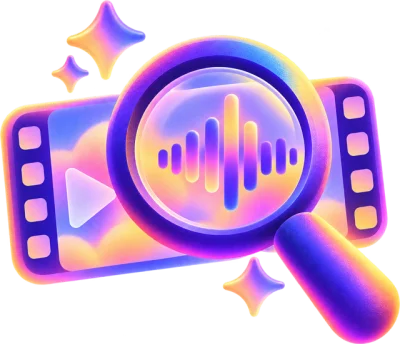 Magnifying glass analyzing a video with an audio waveform