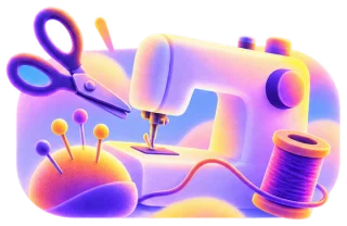 Sewing machine, scissors, spool and pincushion