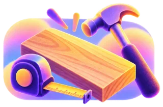 Wooden board, hammer and tape measure